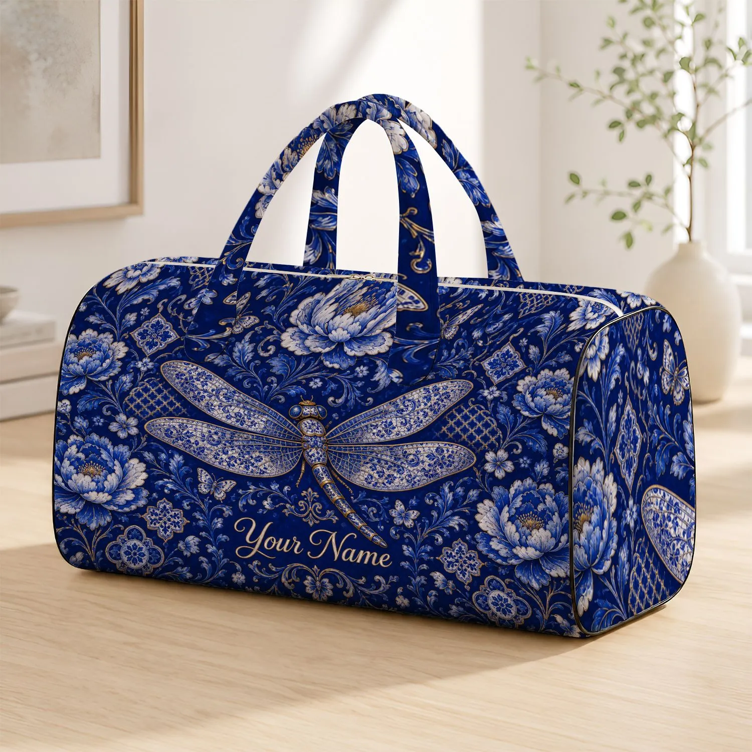 Cobalt Blue Porcelain Dragonfly And Peony Chinoiserie Getaway Gift For Collectors Quilted Weekend Bag - 1