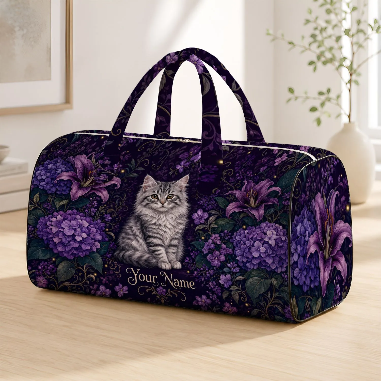 Silver Tabby Kitten In Midnight Purple Floral Garden For Travel And Pet Lover Gifts Quilted Weekend Bag - 1