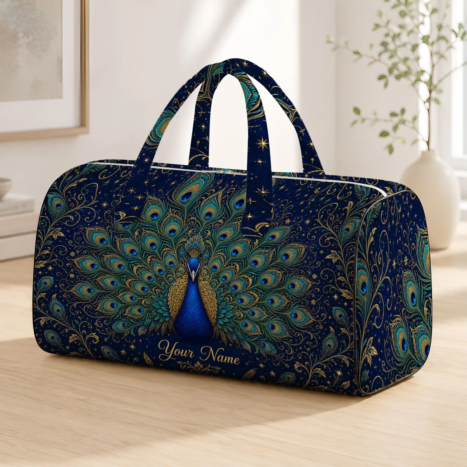 Royal Peacock Gold Feather Halo for Stylish Getaways and Overnight Travel Lovers Quilted Weekend Bag - 1