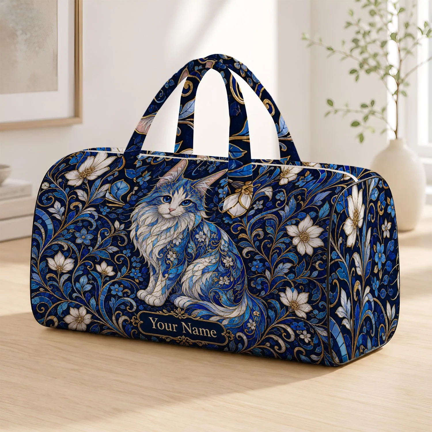 Blue And White Cat Floral Vines For Travel And Daily Gifts To Cat Lovers Quilted Weekend Bag - 1