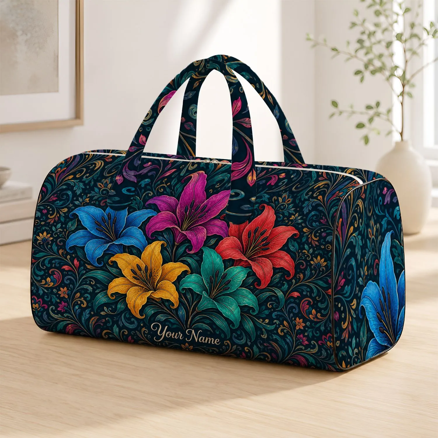 Bohemian Jewel Tone Lily Garden Travel Essential for Weekend Getaways and Gift Giving Quilted Weekend Bag - 1
