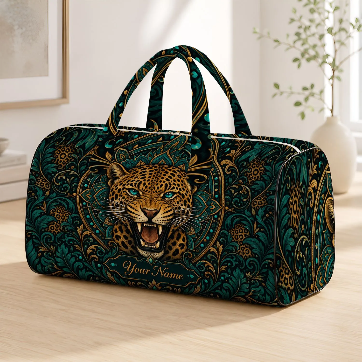 Roaring Jaguar Teal Jungle Travel Accessory Gift For Wildlife Lovers With Your Name Quilted Weekend Bag - 1