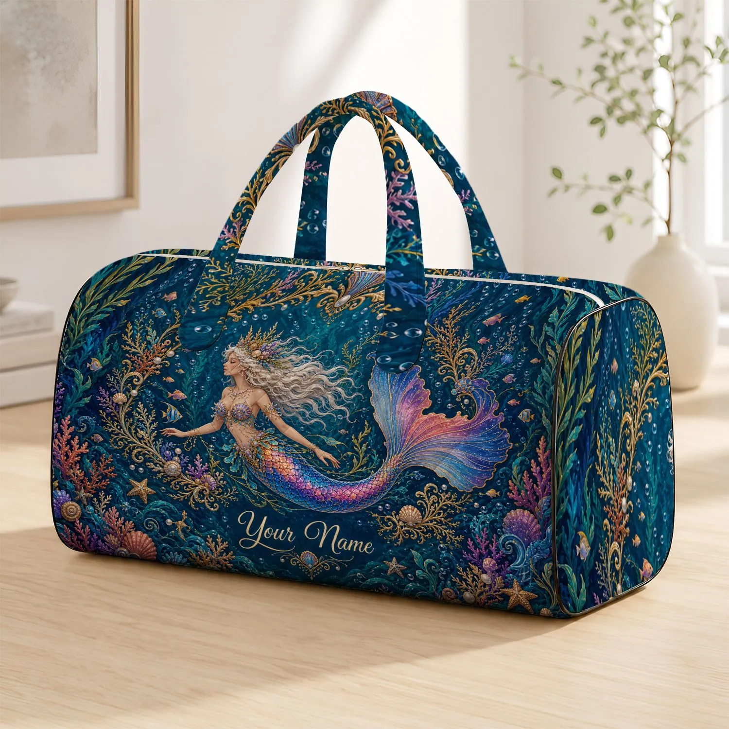 Iridescent Mermaid Deep Sea Garden for Beach Travel, Overnight Escapes and Fantasy Lovers Quilted Weekend Bag - 1