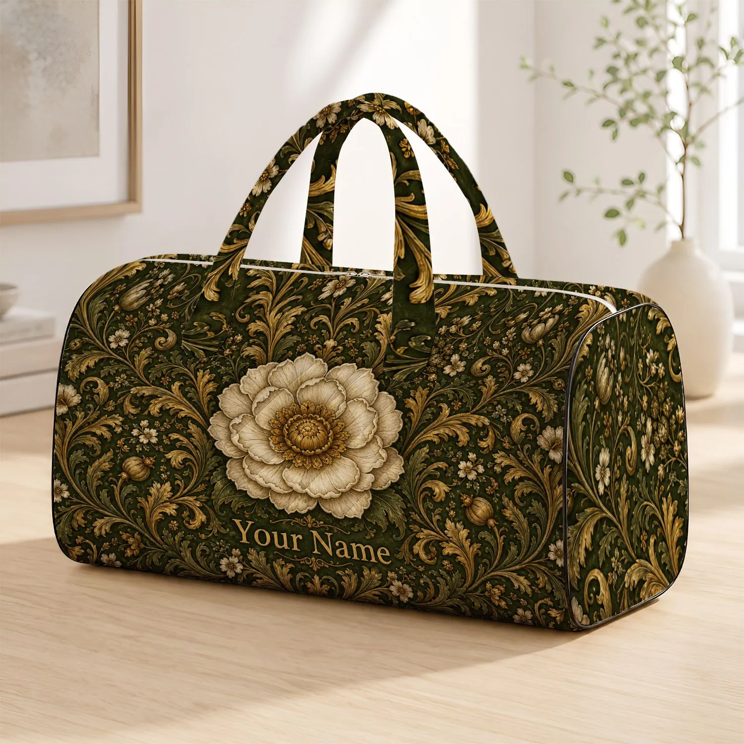 Vintage Ivory Flower And Gold Vines For Elegant Getaways And Overnight Travel Style Quilted Weekend Bag - 1