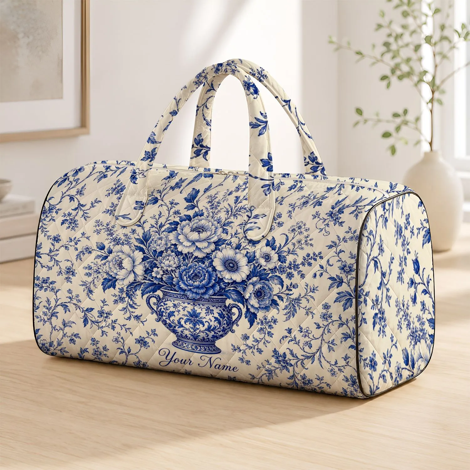 Blue And White Chinoiserie Floral Urn For Heritage Travel Decor And Botanical Lovers Quilted Weekend Bag - 1