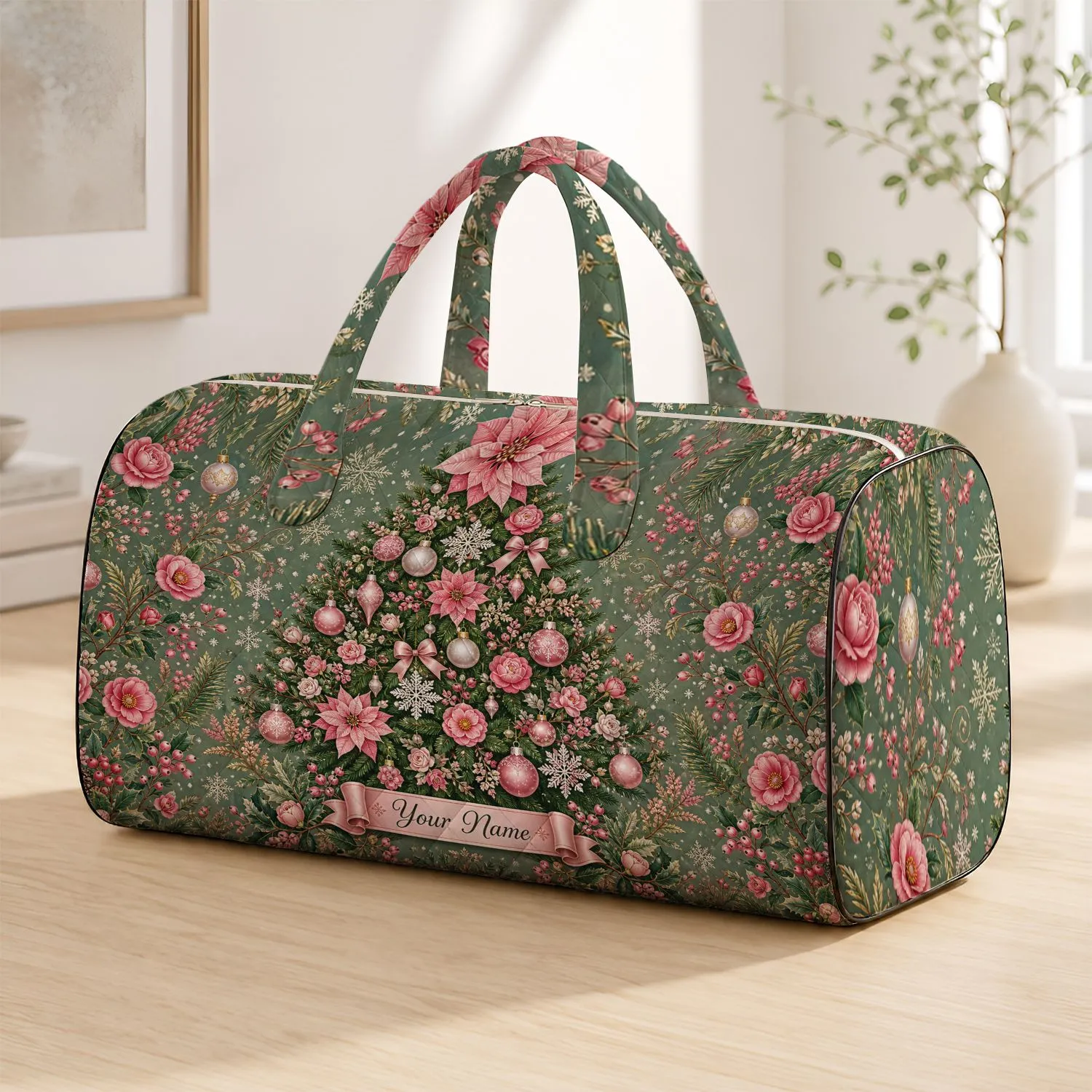 Pink Poinsettia Christmas Tree Holiday Travel Gift For Women And Winter Getaways Quilted Weekend Bag - 1