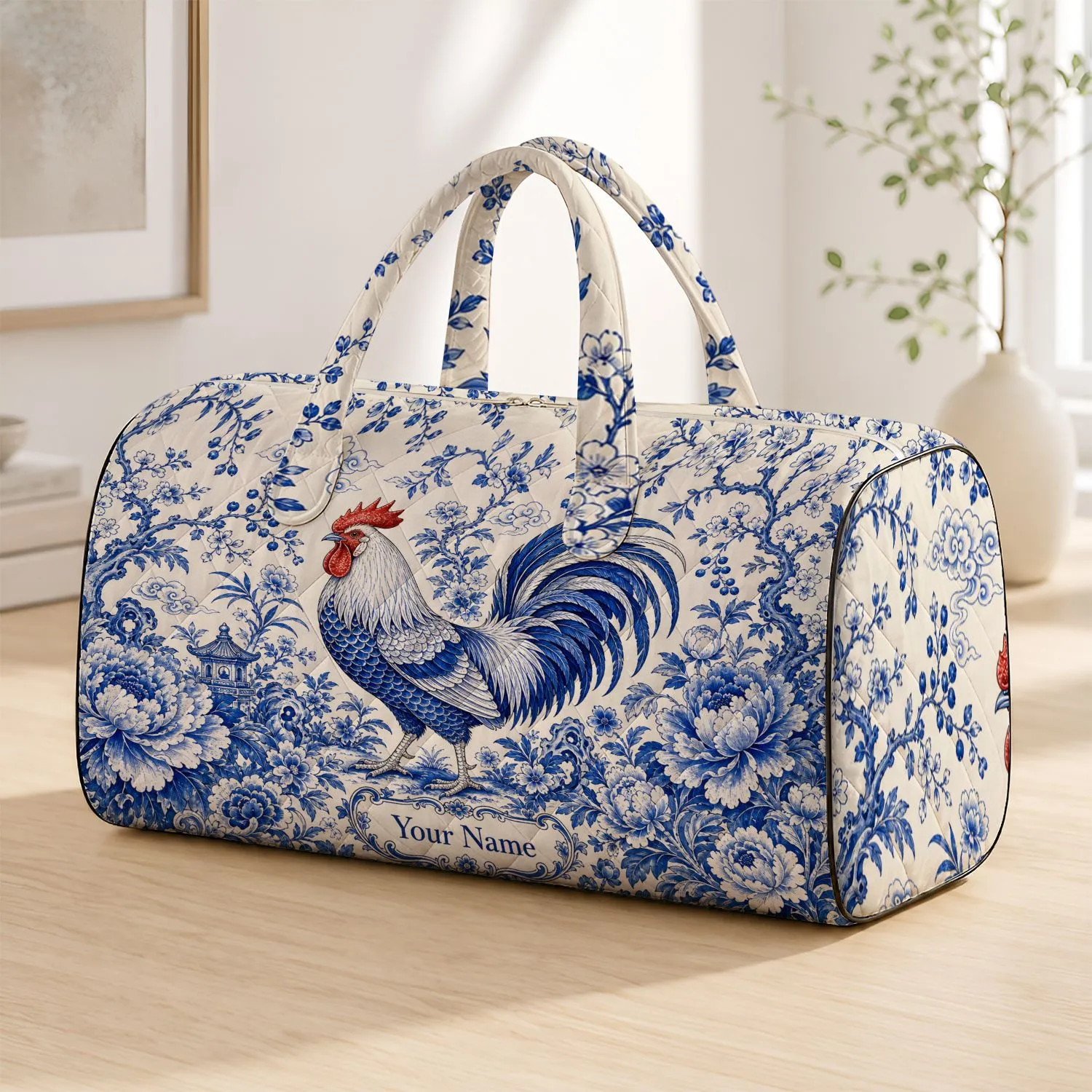 Blue And White Ceramic Rooster With Floral Vines For Vintage Travel And Gift Giving Quilted Weekend Bag - 1