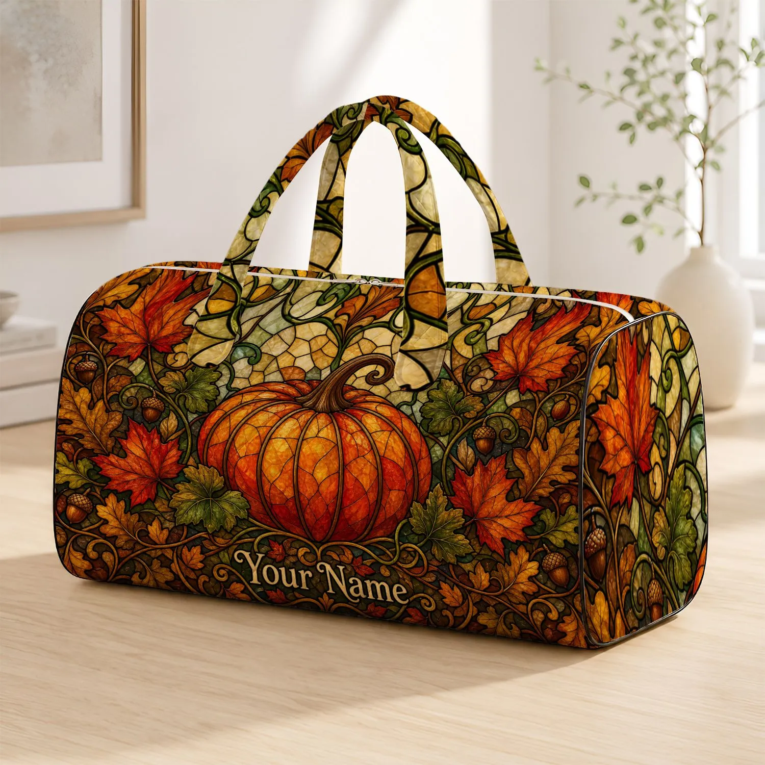 Pumpkin And Autumn Leaves Fall Travel Companion For Thanksgiving Hosts Quilted Weekend Bag - 1