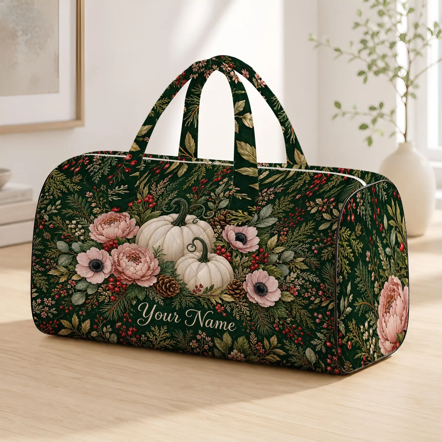 White Pumpkin And Autumn Floral Harvest Travel Essential For Thanksgiving Getaways Quilted Weekend Bag - 1