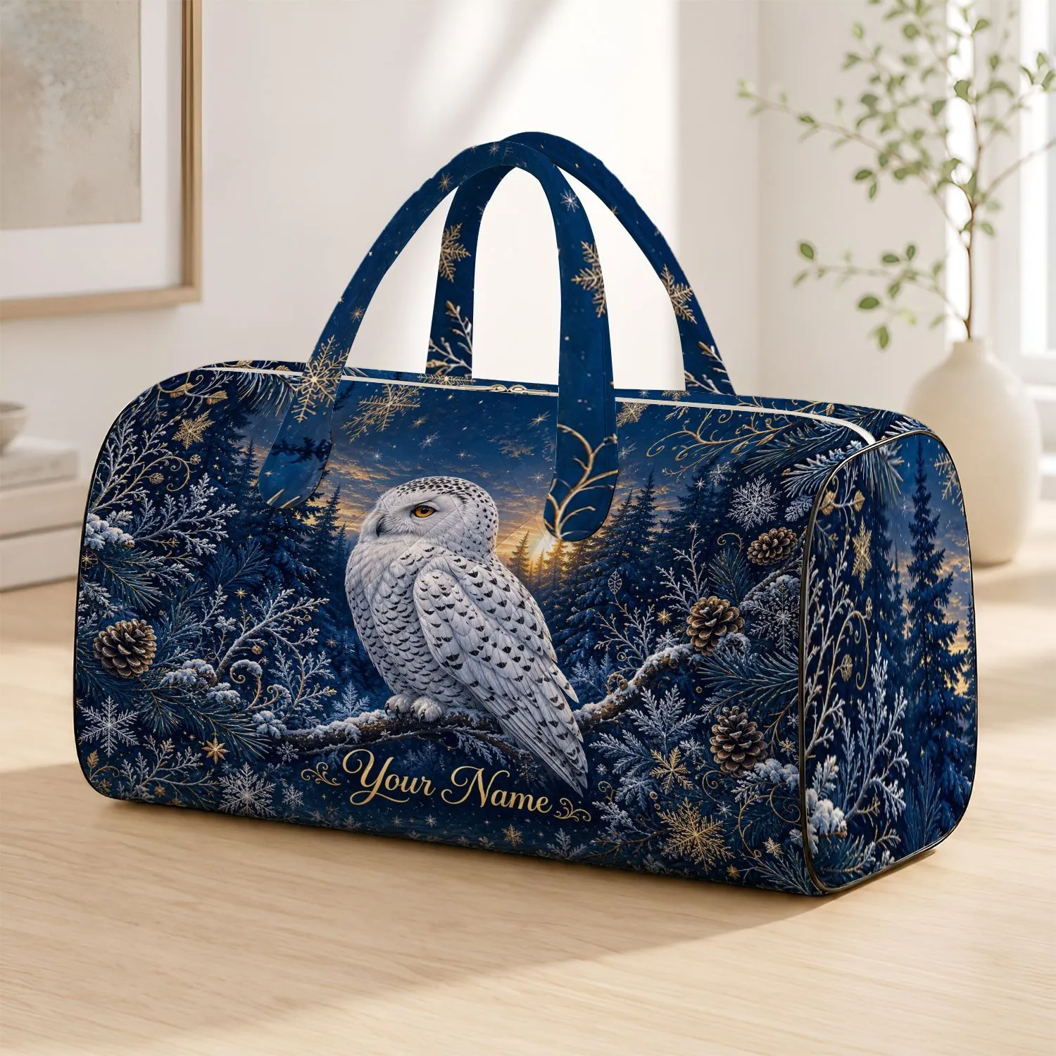 Snowy Owl Twilight Pine Forest Travel Getaway Accessory For Nature Lovers With Name Quilted Weekend Bag - 1