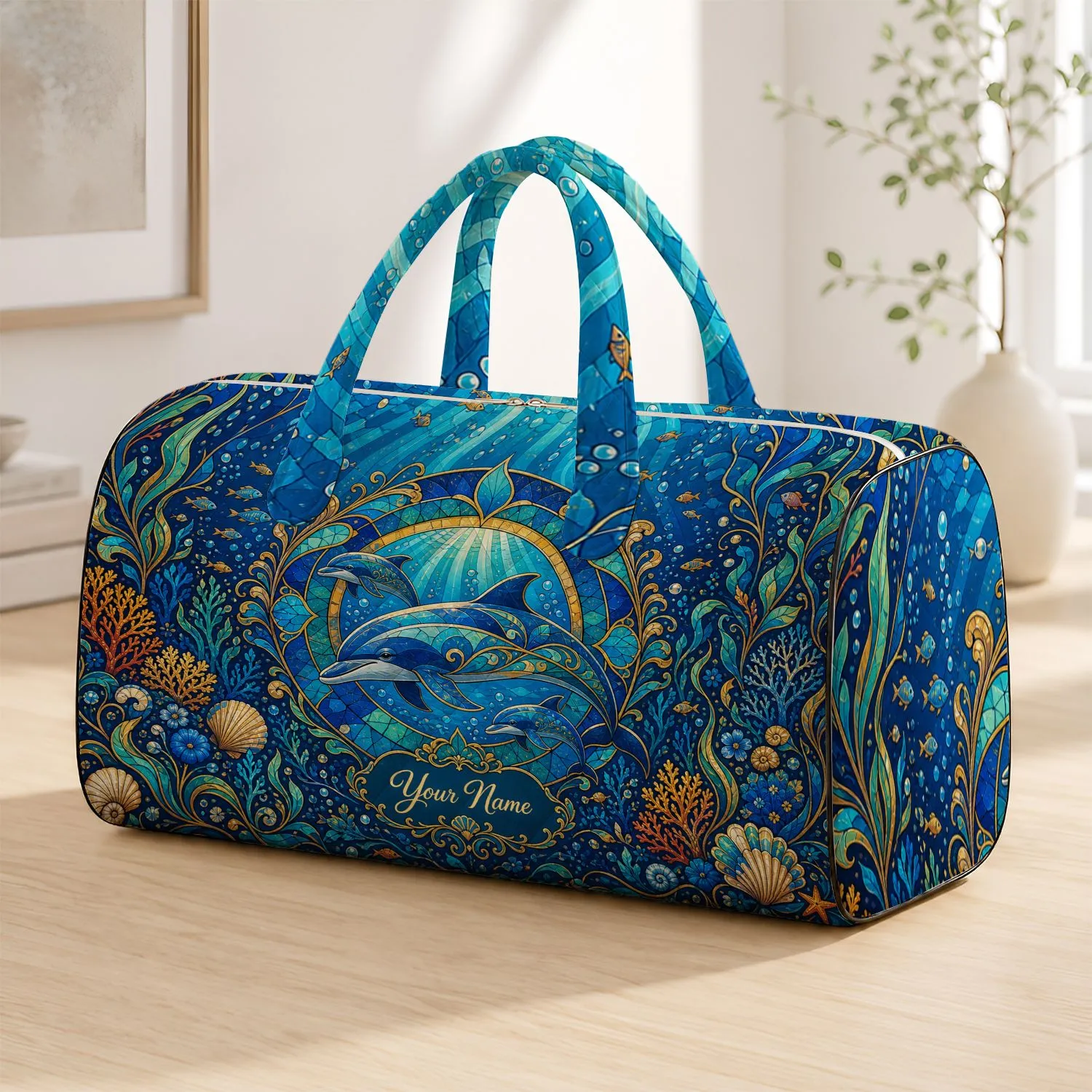 Dolphin Ocean Mosaic Art Nouveau Travel Essential for Beach Getaways and Sea Lovers Quilted Weekend Bag - 1
