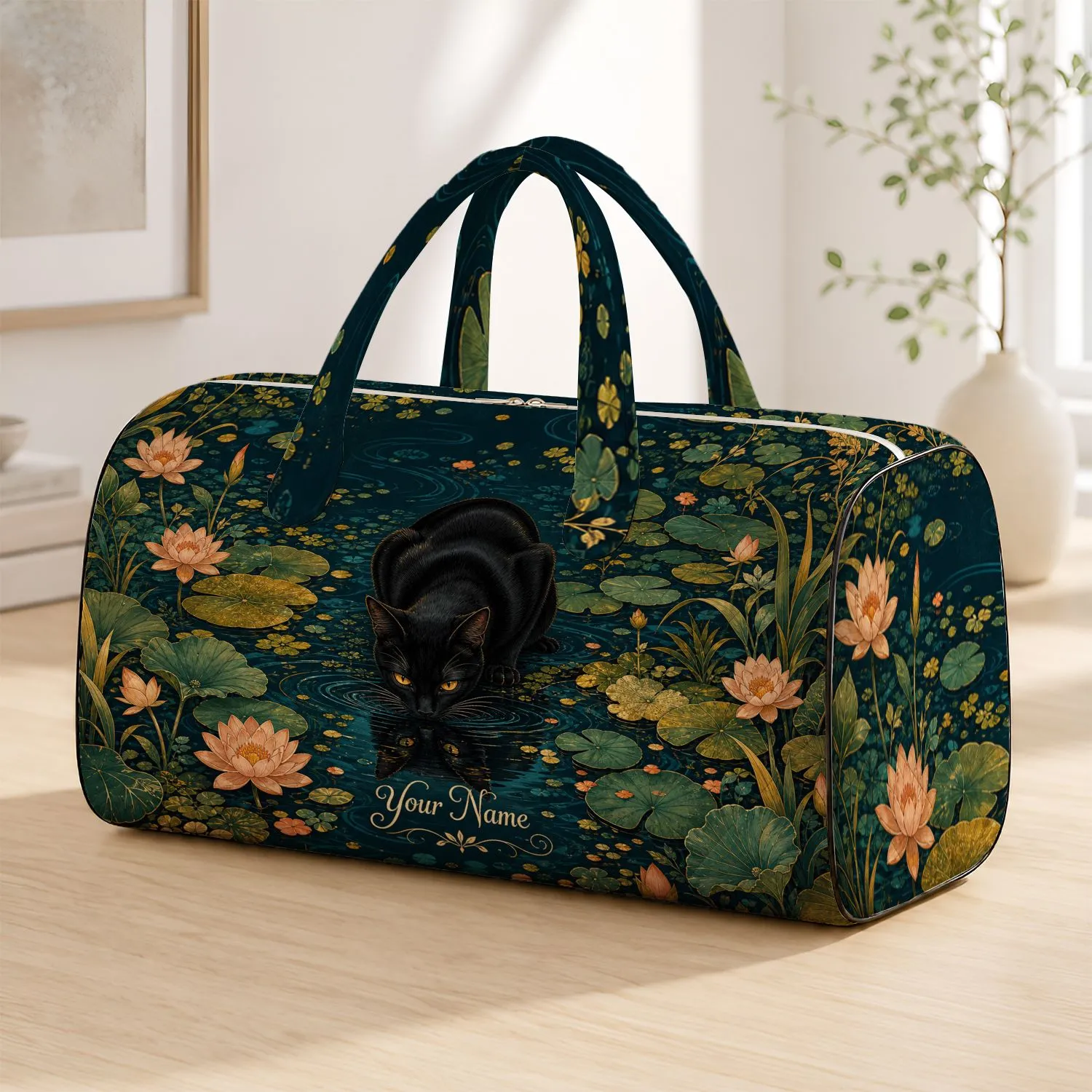 Black Cat Drinking At Moonlit Lily Pond For Stylish Overnight Travel Cat Lovers Quilted Weekend Bag - 1
