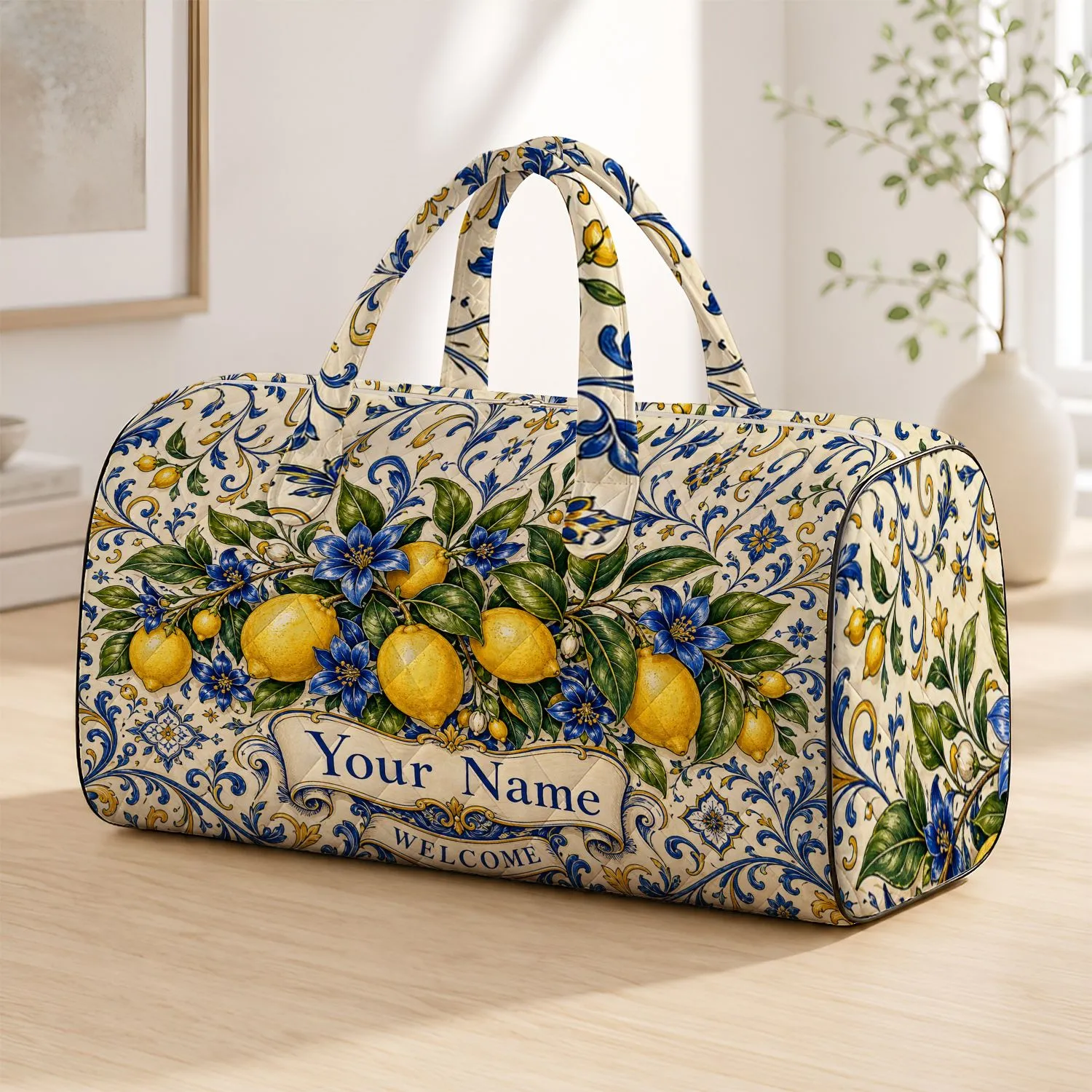 Mediterranean Lemon And Blue Floral Tile Motif For Travel, Beach, And Garden Lovers Quilted Weekend Bag - 1