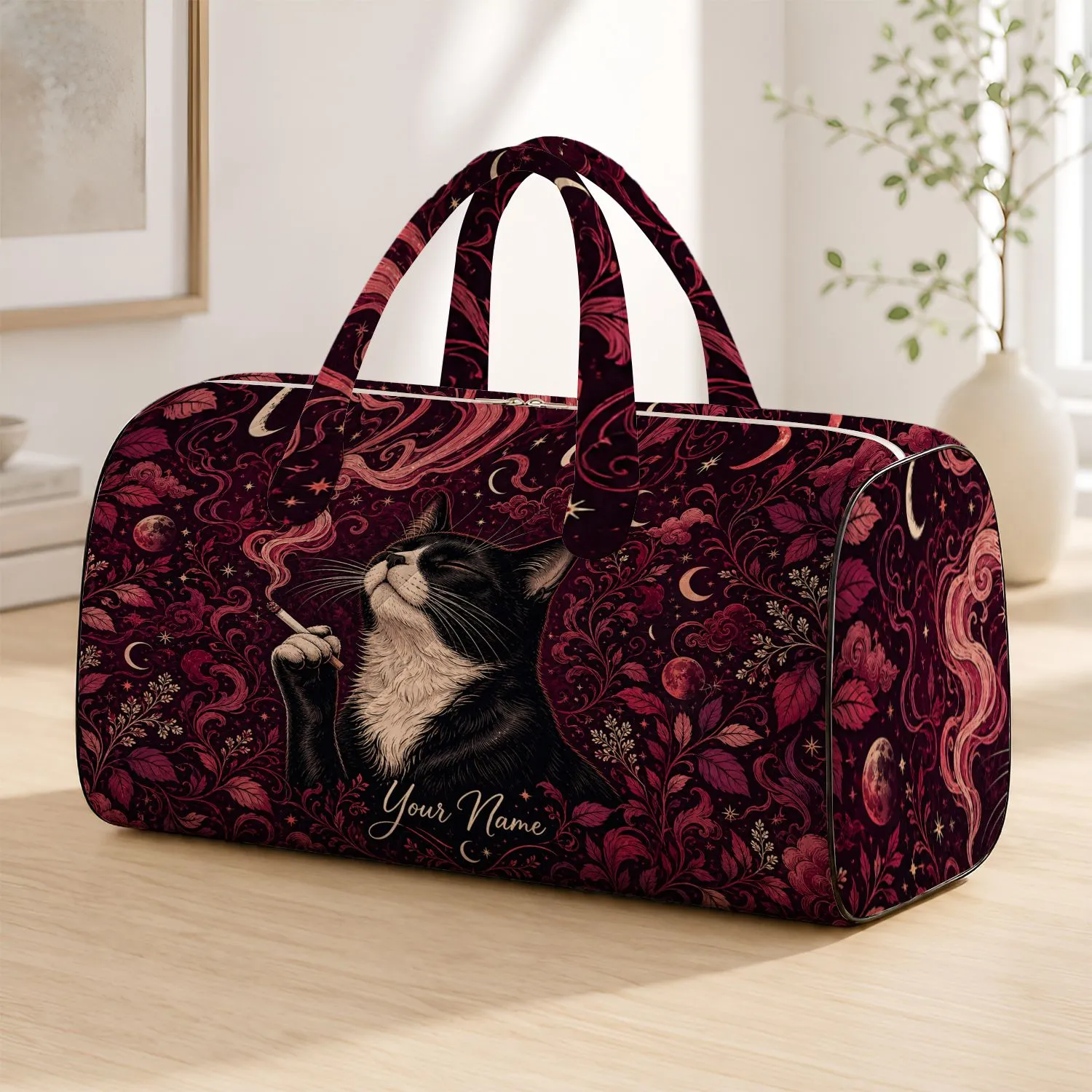 Tuxedo Cat With Rose Smoke And Moon Phases For Gothic Travel And Overnight Escapes Quilted Weekend Bag - 1