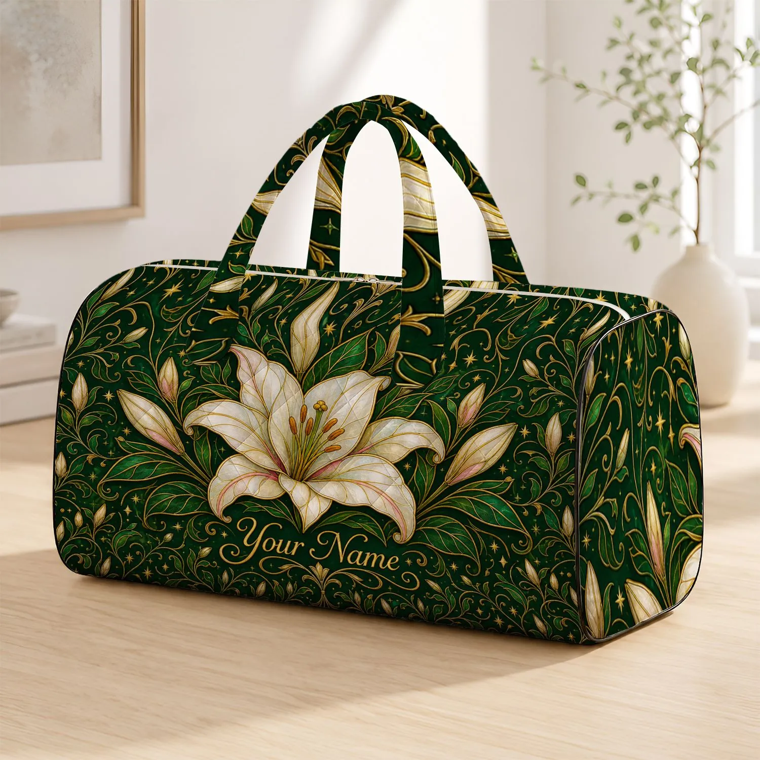 Emerald White Lily Art Nouveau Botanical Getaway Gift For Garden Lovers Quilted Weekend Bag - 1