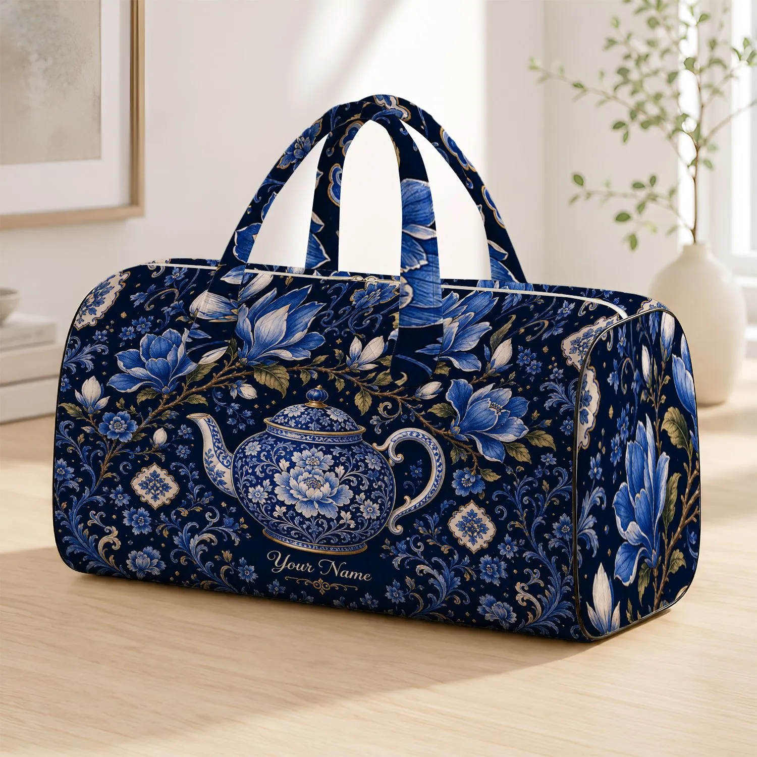 Cobalt Blue Floral Teapot Chinoiserie Tea Ceremony Getaway Gift For Tea Lovers Quilted Weekend Bag - 1