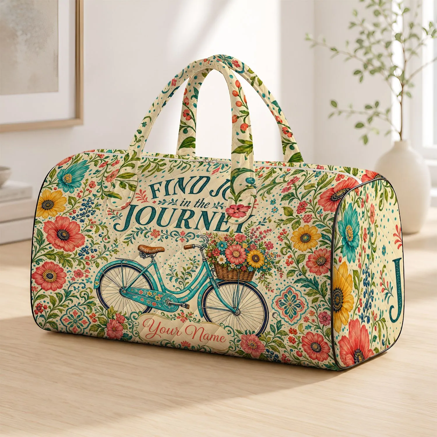 Vintage Turquoise Floral Bicycle Garden Getaway Gift for Cyclists and Flower Lovers Quilted Weekend Bag - 1