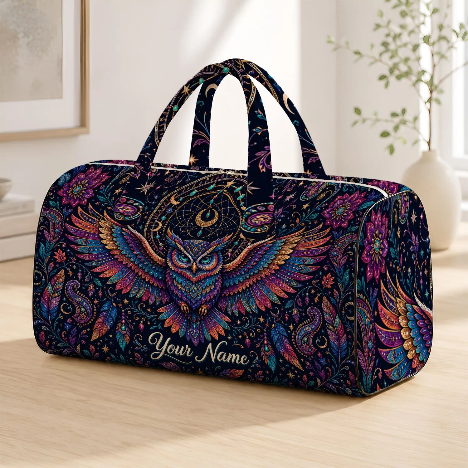 Colorful Bohemian Owl Celestial Moon Travel Style Gift For Mystical Nature Lovers Quilted Weekend Bag - 1