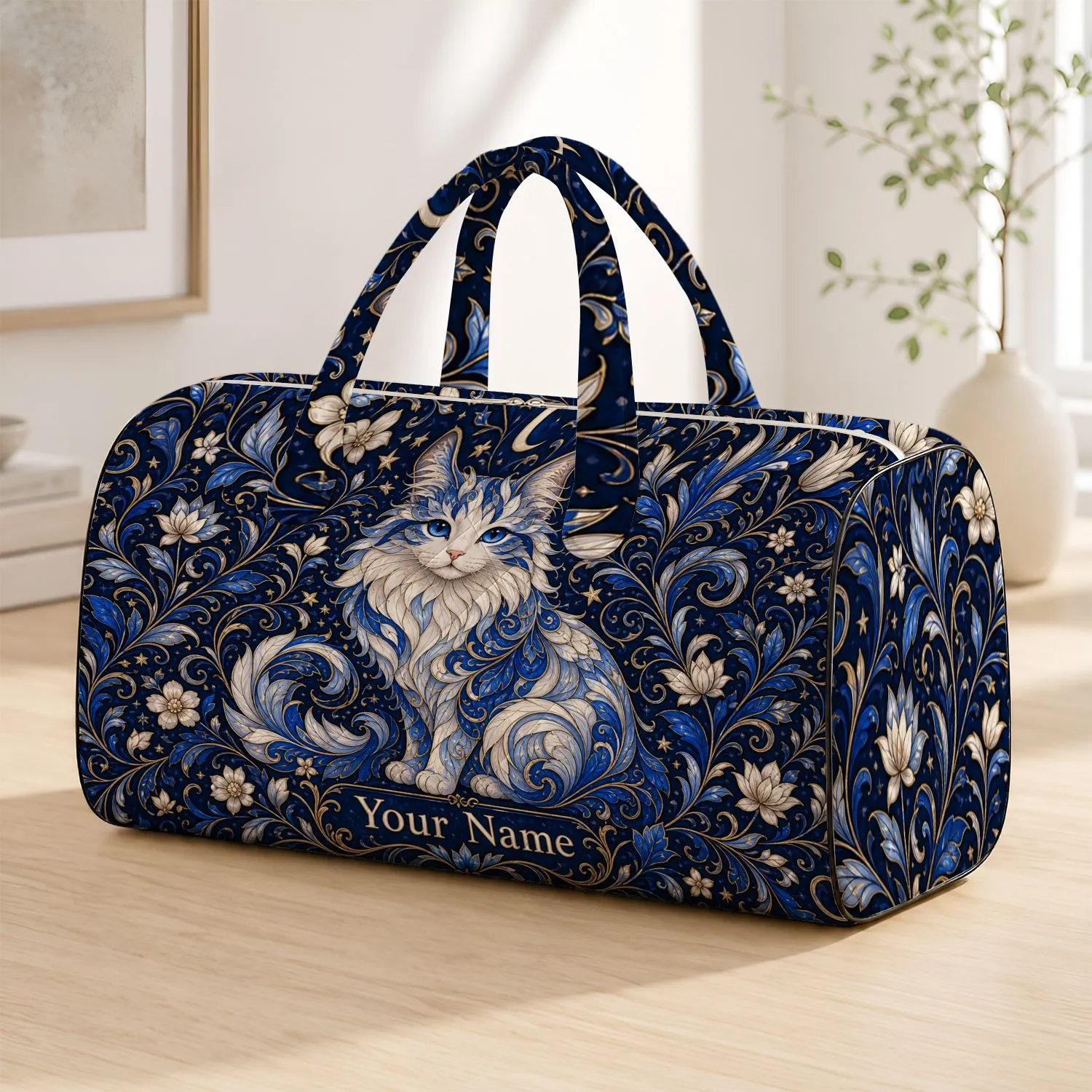 Blue And White Longhair Cat Floral Style Travel Gift For Cat Lovers Quilted Weekend Bag - 1