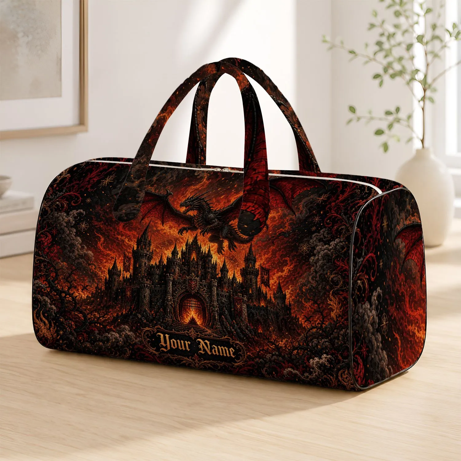 Fire Dragon Over Gothic Castle For Dark Fantasy Travel, Sleepovers, And Weekend Escapes Quilted Weekend Bag - 1