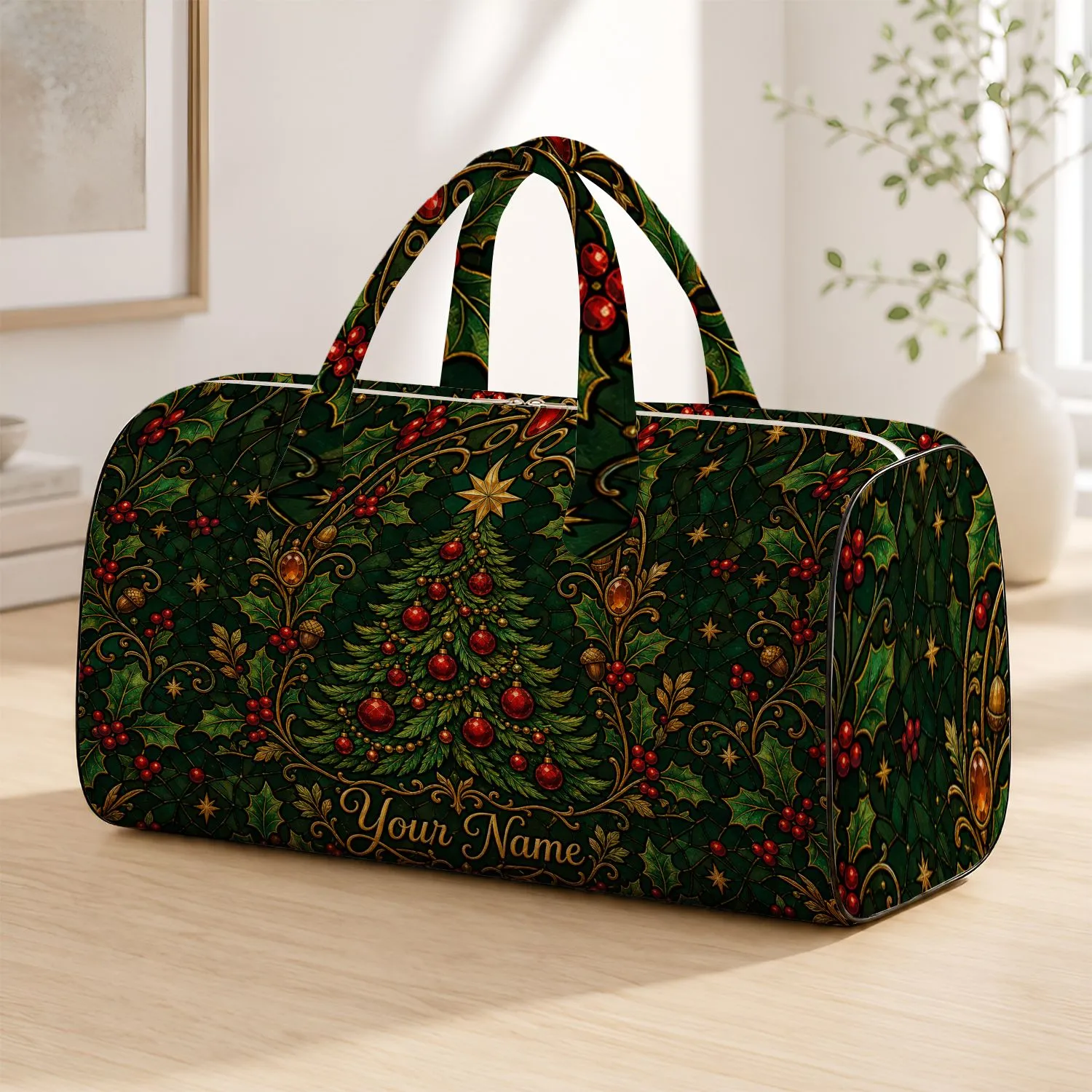 Christmas Tree Holly And Gold Ornament Holiday Travel Gift For Women Quilted Weekend Bag - 1