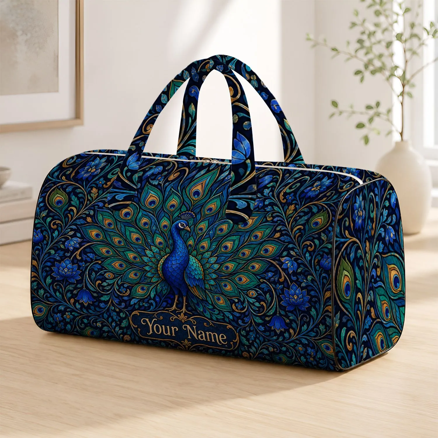 Peacock With Name For Elegant Travel, Overnight Trips And Gift Giving Quilted Weekend Bag - 1