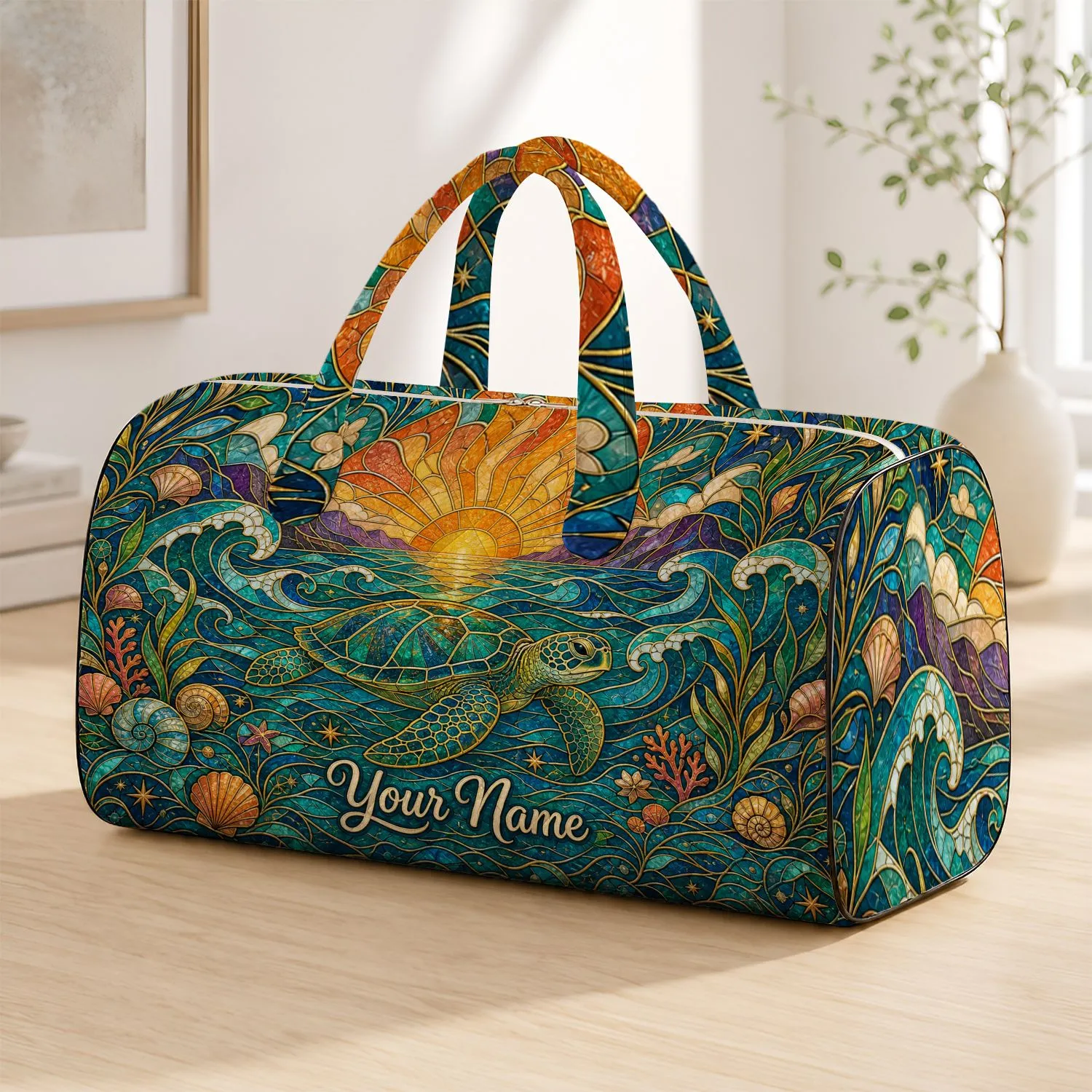 Sea Turtle Stained Glass Ocean Sunset Boho Getaway Gift For Coastal Beach Travelers Quilted Weekend Bag - 1