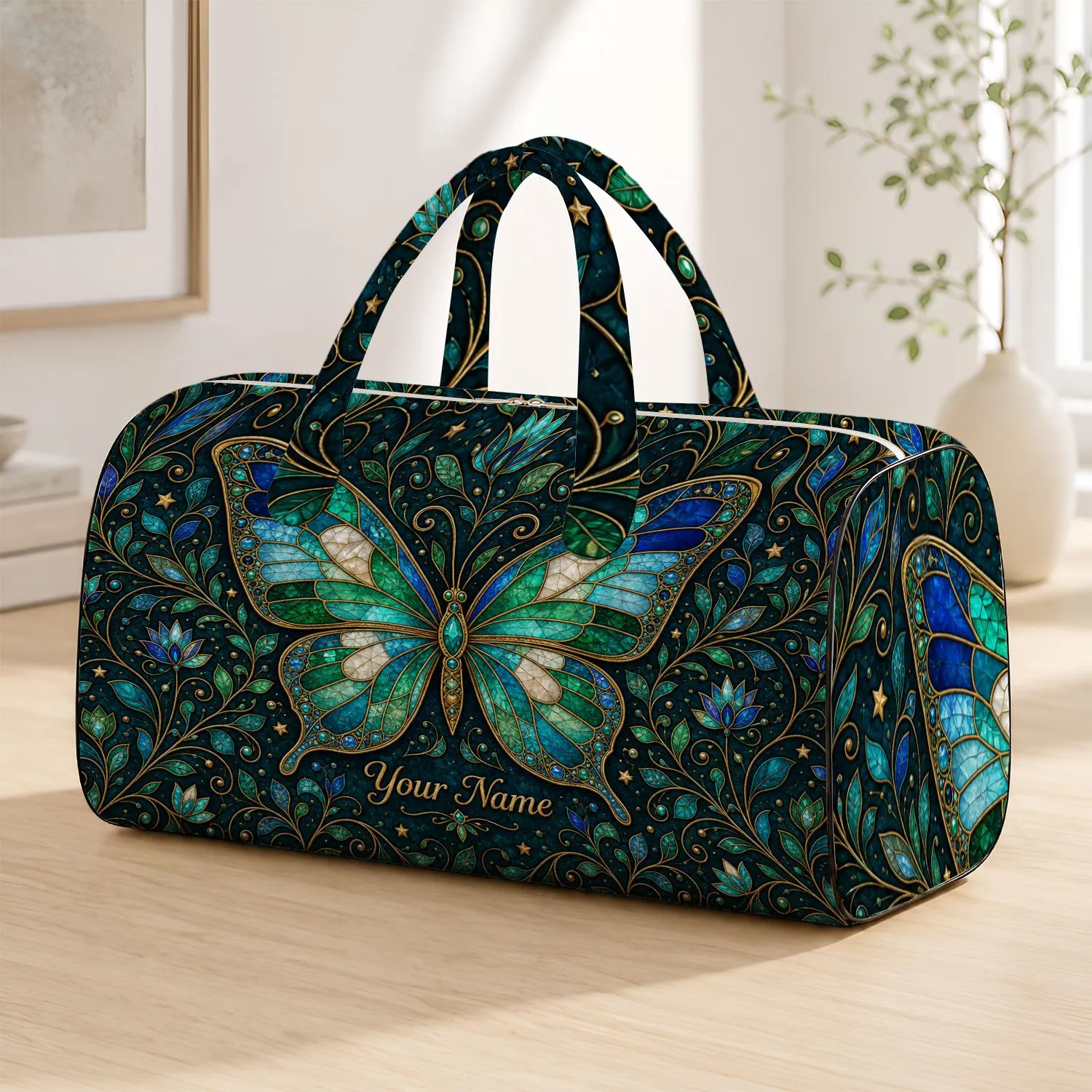 Turquoise Style Butterfly Travel Gift for Boho Women With Gold Name Accent Quilted Weekend Bag - 1