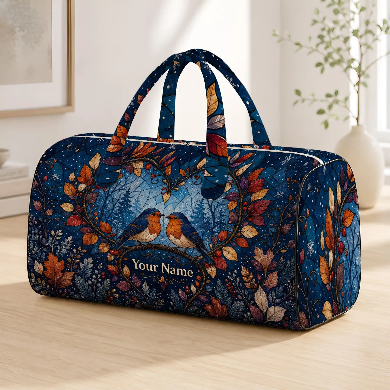 Robin Birds Heart Motif for Autumn Winter Travel Gifts Bird Lovers Quilted Weekend Bag - 1
