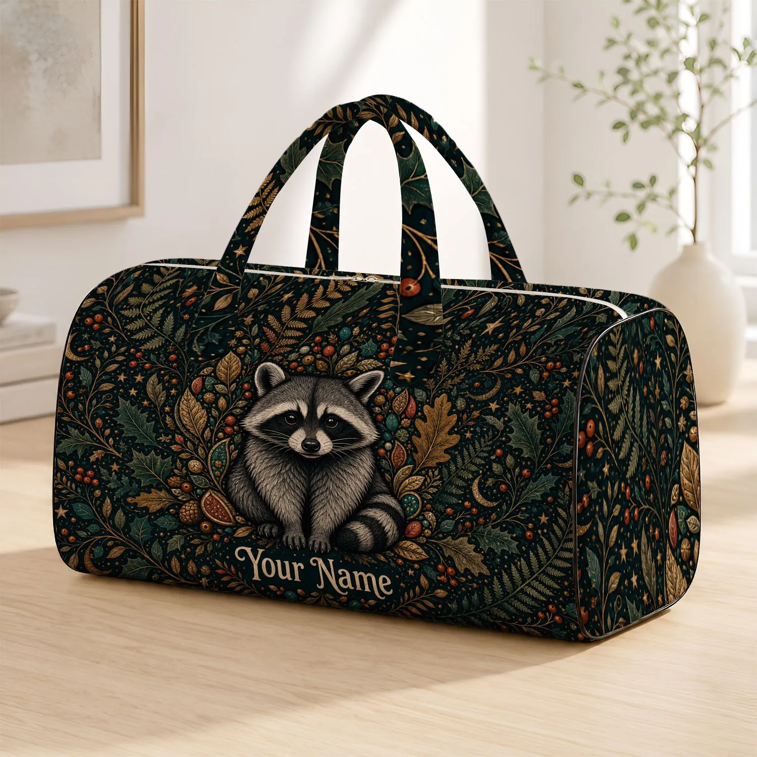 Boho Raccoon Woodland Botanical Name Gift For Nature Lovers And Overnight Escapes Quilted Weekend Bag - 1