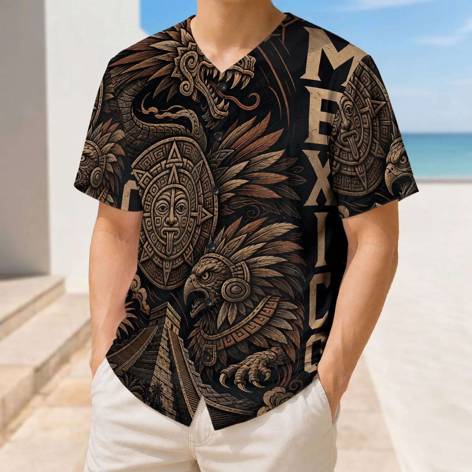 Mexico Feathered Serpent And Pyramid Motif For Soccer Fans And Heritage Game Day Wear Baseball Jersey - 1