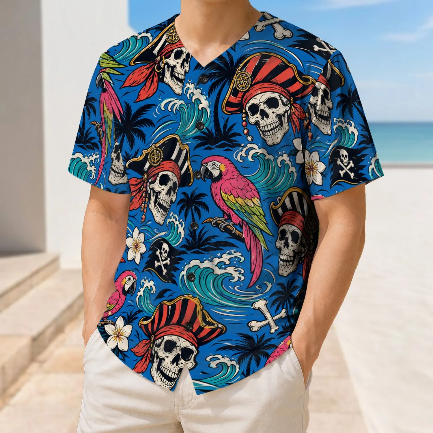 Tropical Pirate Skulls And Parrots For Cruise, Beach Vacation, And Island Party Fans Baseball Jersey - 1