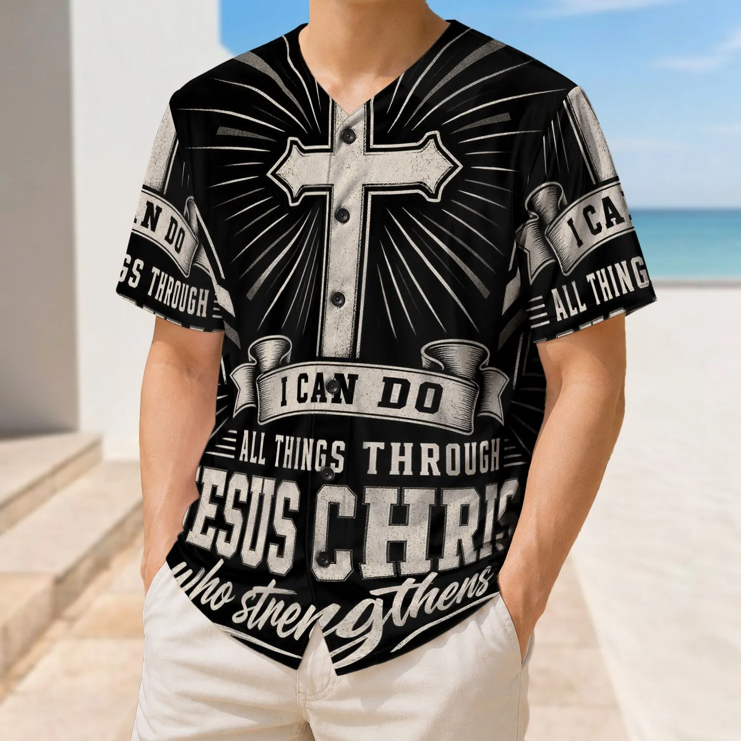 Philippians 4:13 Cross Christian Faith Scripture For Worship Sports And Everyday Wear Baseball Jersey - 1