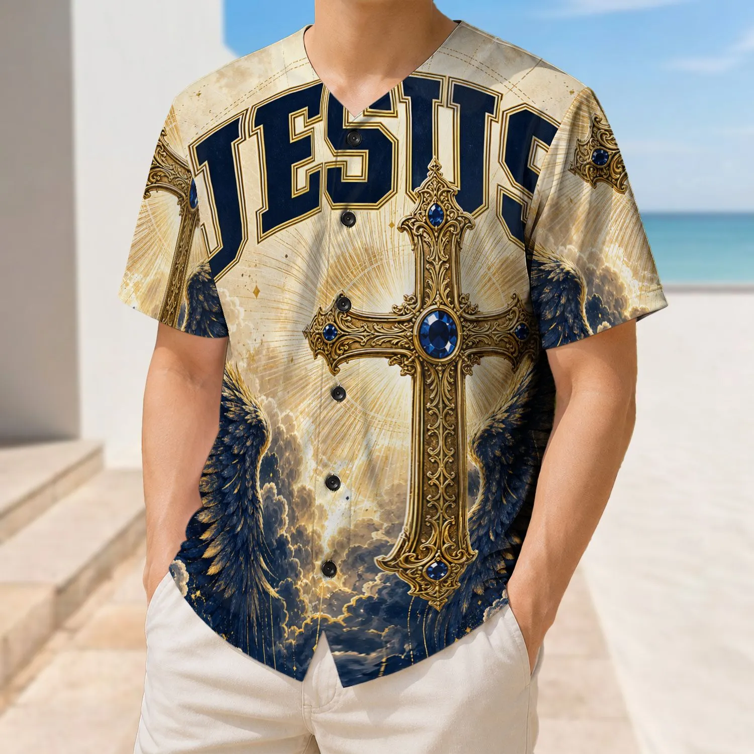 Jesus Cross Angel Wings Varsity Style For Church Sports Fans And Faithful Athletes Baseball Jersey - 1