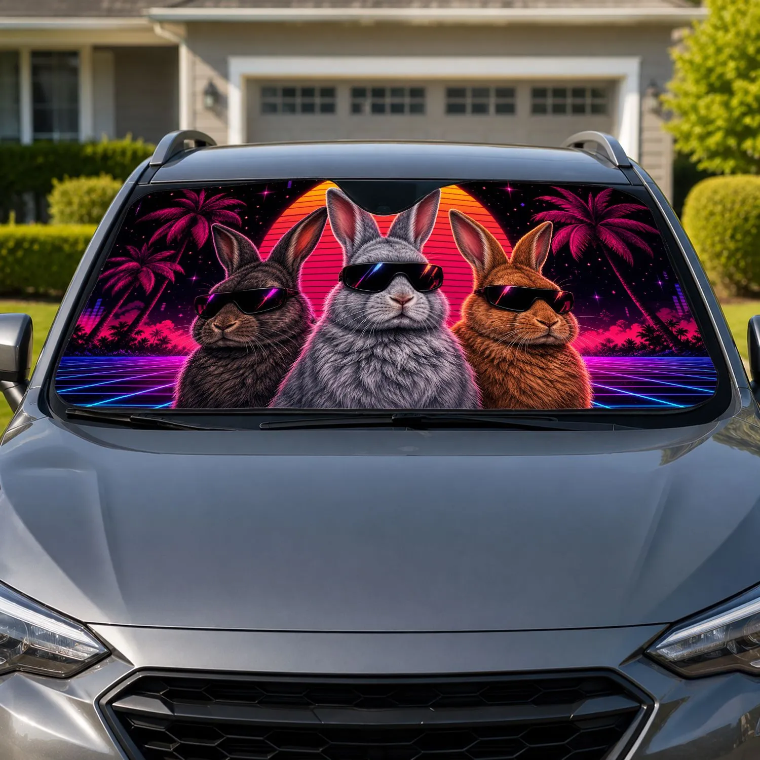 Retro Synthwave Bunny Trio With Sunglasses For Cool 80s Neon Road Trip Car Lovers Car Sunshade - 1