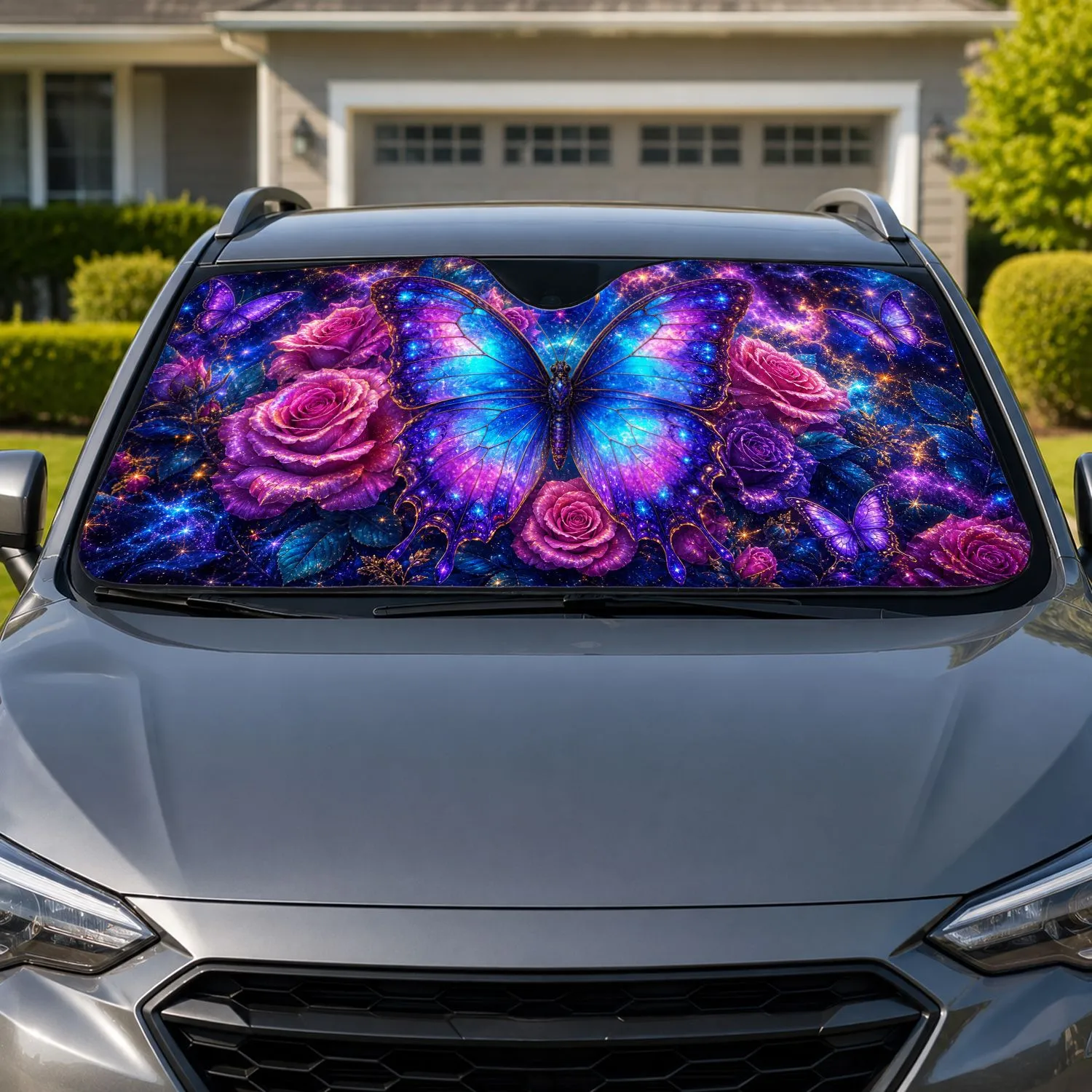 Galaxy Butterfly Rose Floral Cosmic Garden for Dreamy Road Trip Style Enthusiasts Car Sunshade - 1