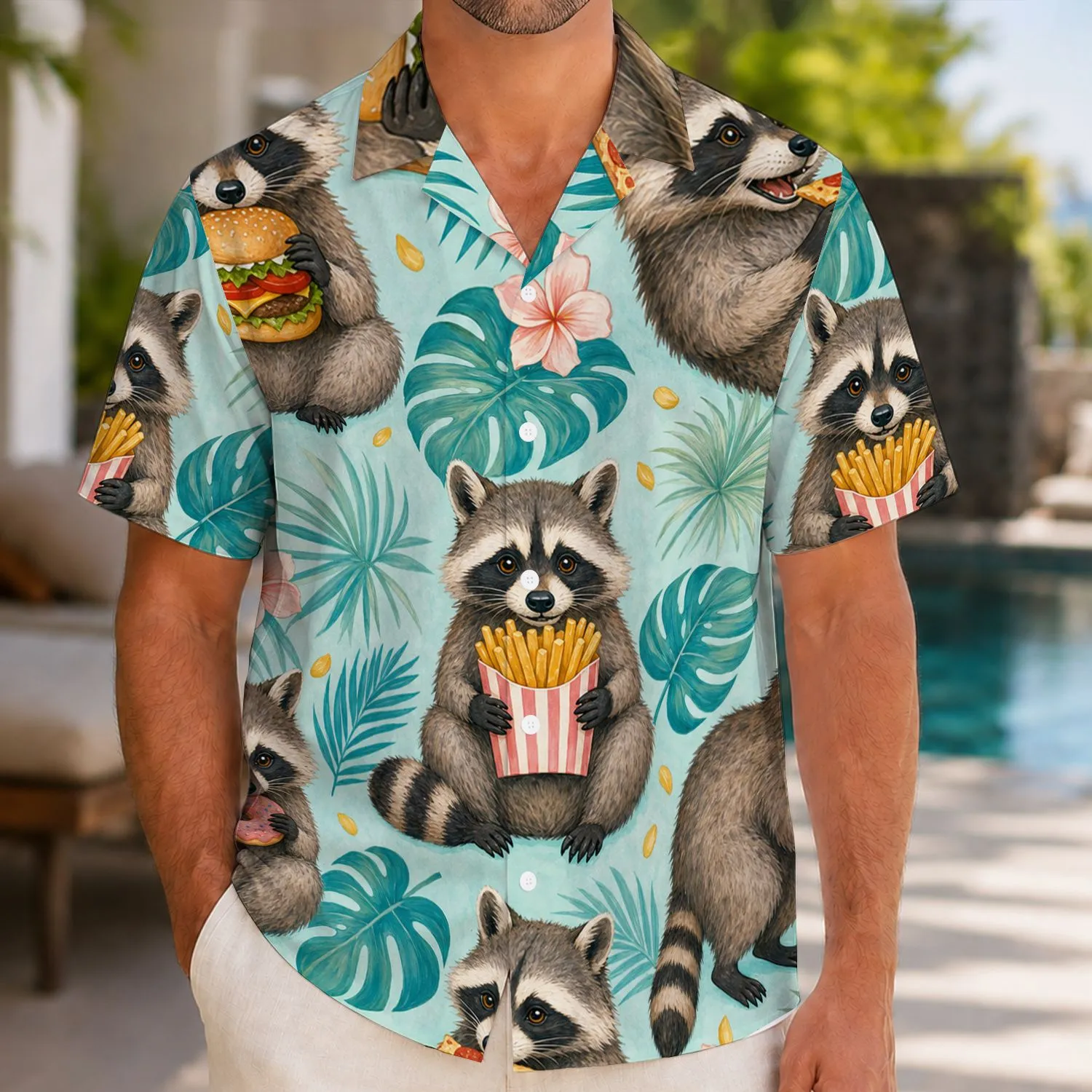 Foodie Raccoons With Pizza Burgers And Fries For Tropical Vacation Fun Resort Style Hawaiian Shirt - 1