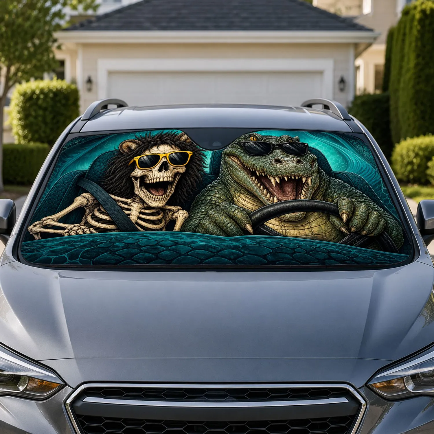 Funny Crocodile And Skeleton Driving Duo For Road Trip Adventure Gifts For New Drivers Car Sunshade - 1