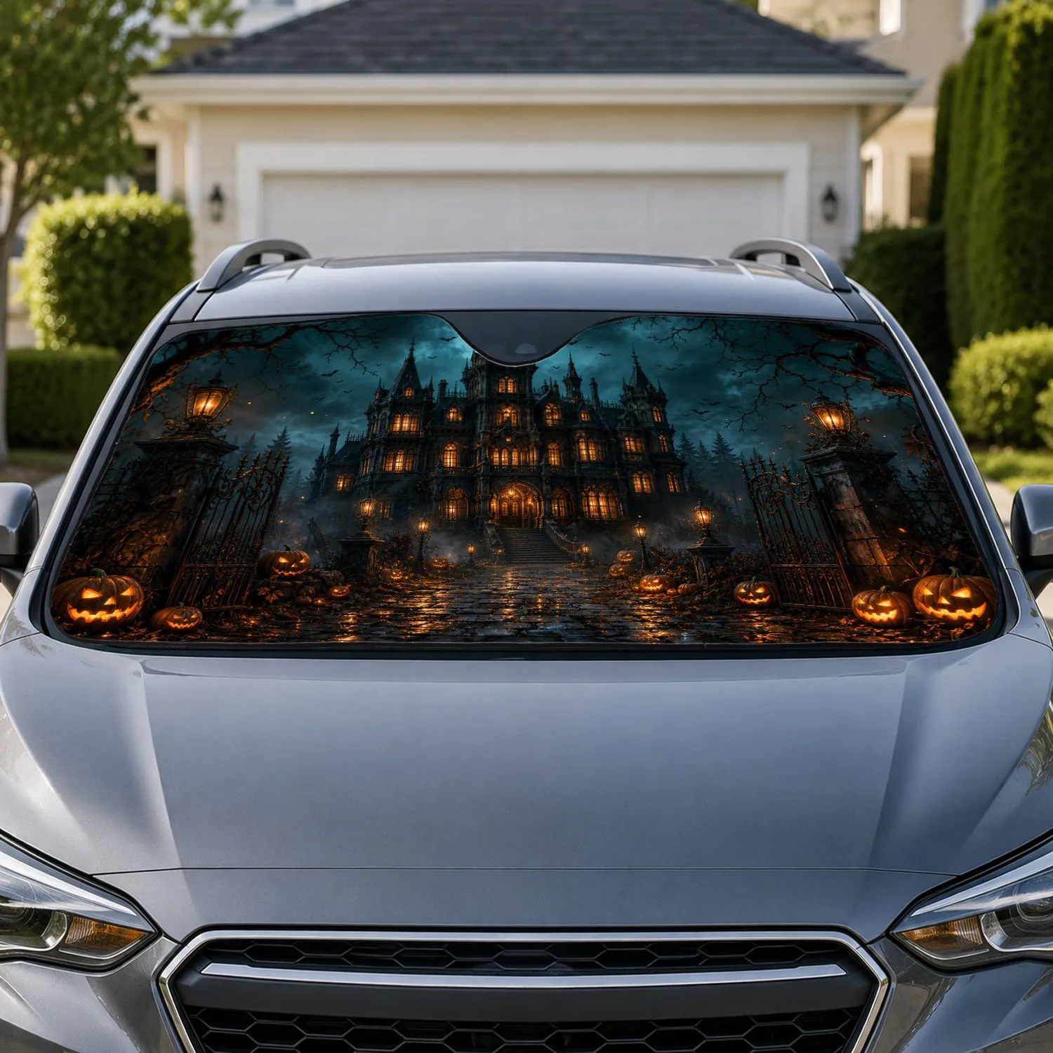 Victorian Haunted Mansion Jack O Lantern Halloween Decor For Gothic Horror Fans Car Sunshade - 1