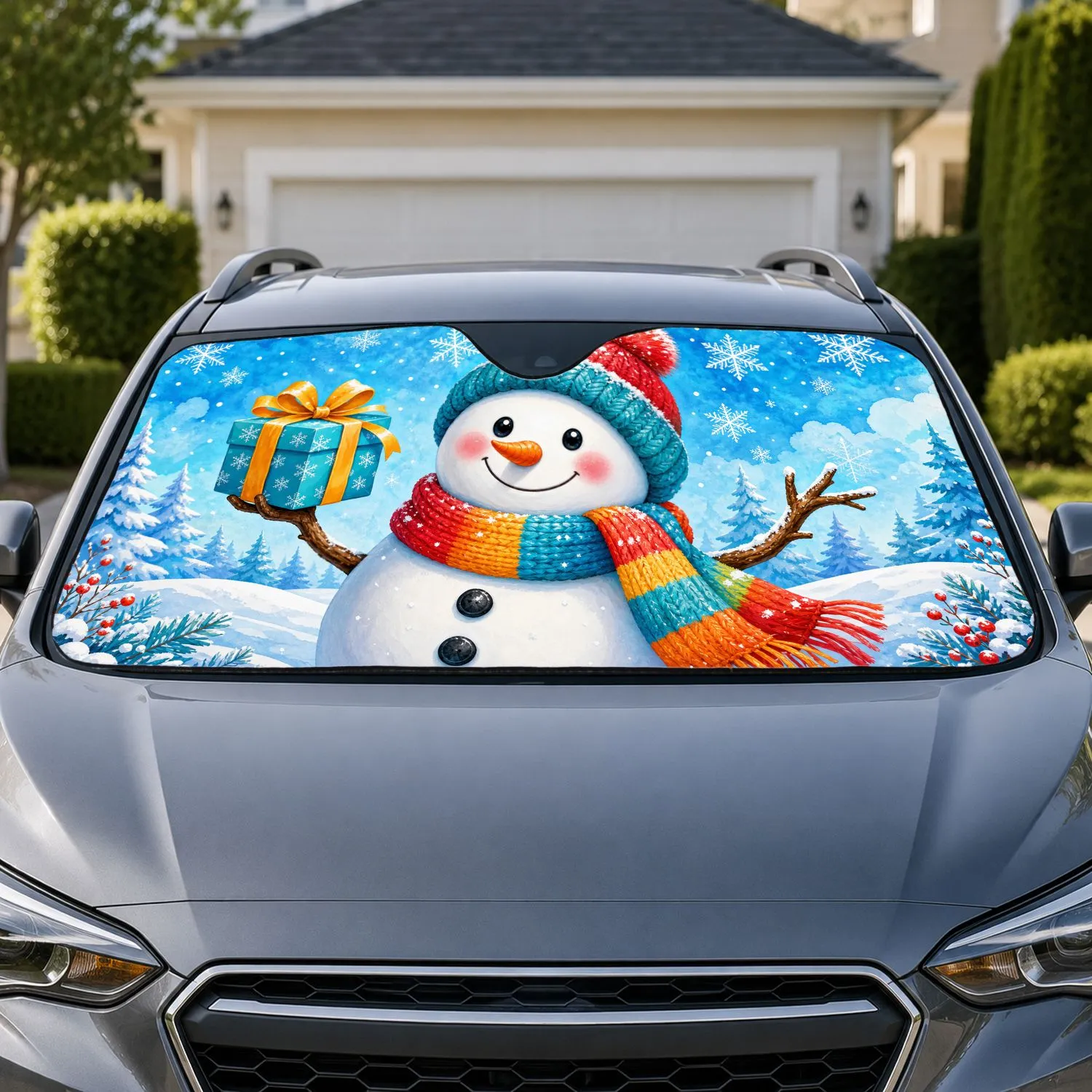 Snowman With Rainbow Scarf And Gift Box For Festive Winter Holiday Vehicle Decor Car Sunshade - 1