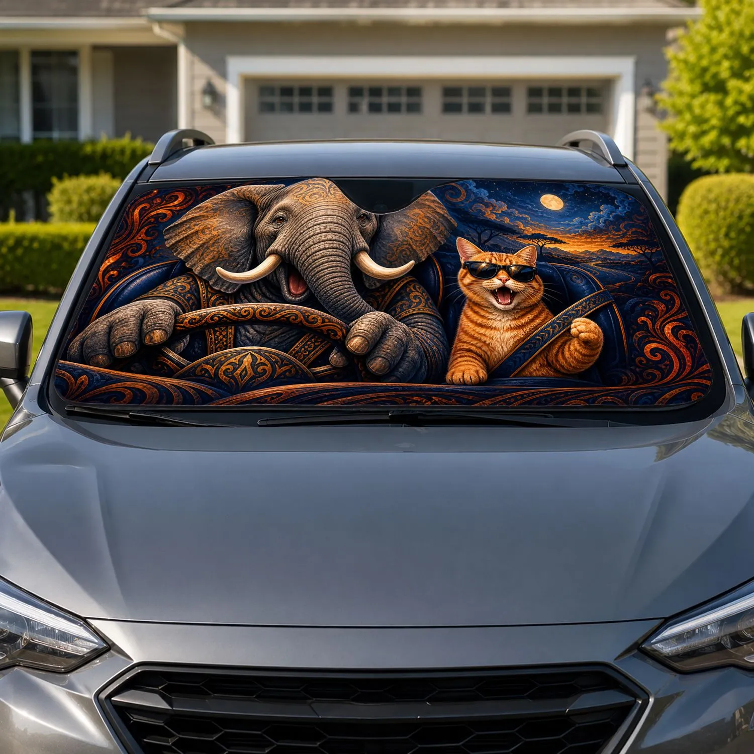 Elephant And Cat Night Driving Scene For Wildlife Lovers And Animal Humor Enthusiasts Car Sunshade - 1