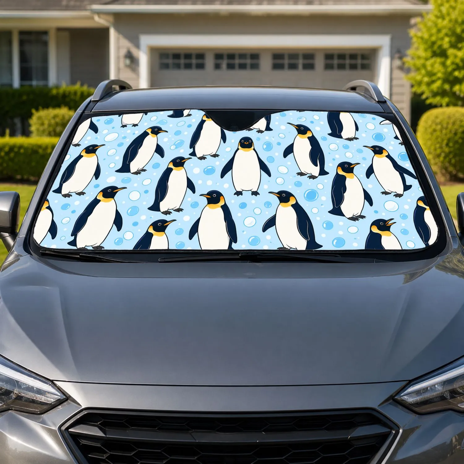 Cute Emperor Penguins With Snowy Blue Dots for Winter Road Trips and Arctic Animal Lovers Car Sunshade - 1