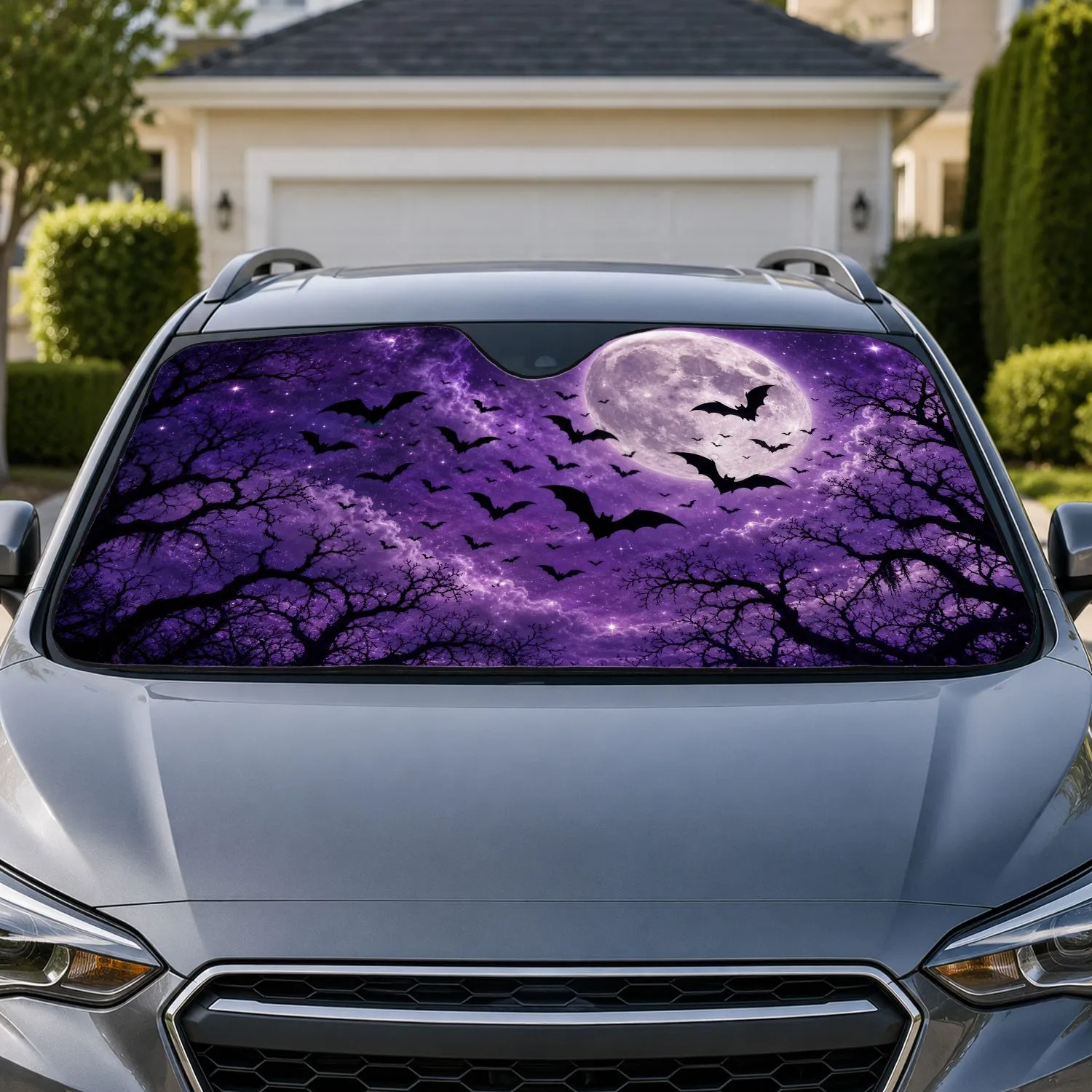 Purple Full Moon And Flying Bats Halloween Gothic Night Decor For Spooky Road Trips Car Sunshade - 1