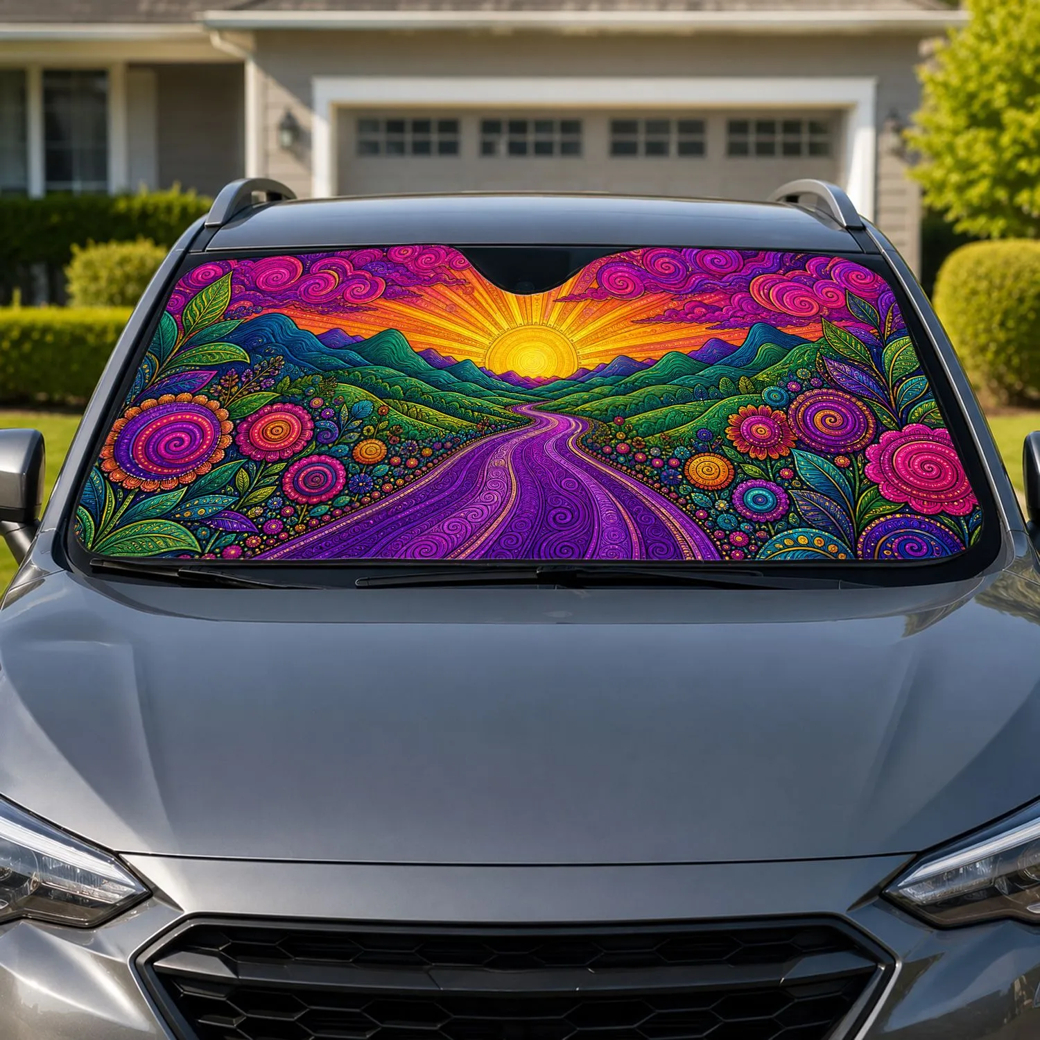 Psychedelic Mountain Sunrise Floral Road for Colorful Road Trips and Festival Travelers Car Sunshade - 1