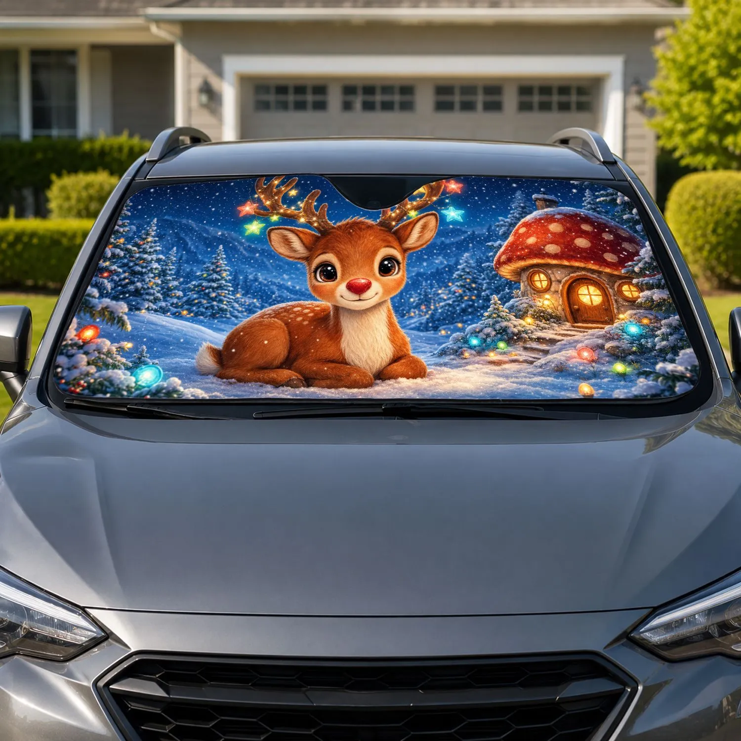 Cute Christmas Reindeer With Colorful Lights For Festive Winter Holiday Driving Fans Car Sunshade - 1