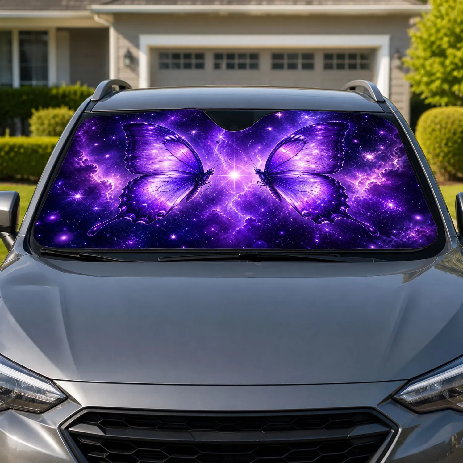 Celestial Violet Butterflies For Cosmic Fantasy Lovers And Night Sky Enthusiasts Car Sunshade - 1