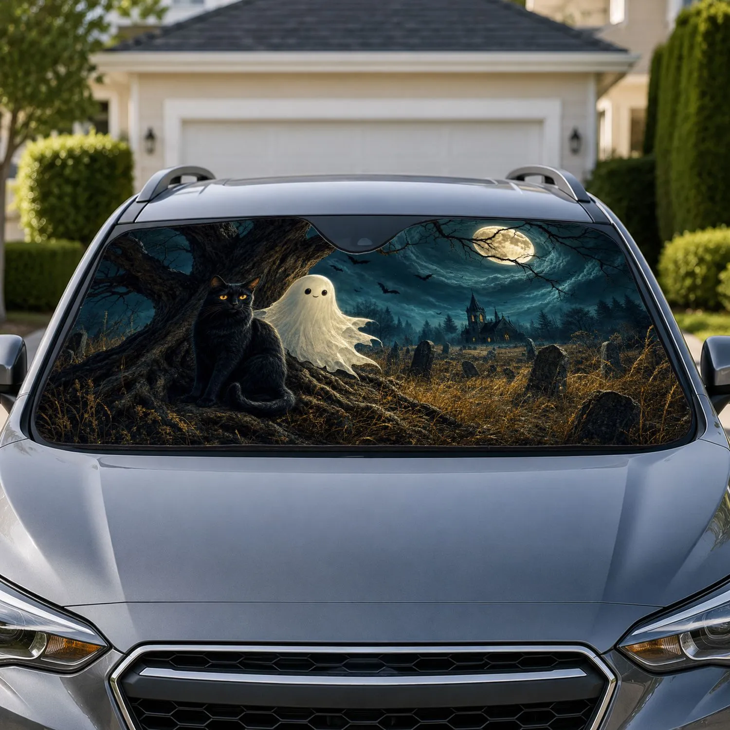 Black Cat And Friendly Ghost Moonlit Graveyard Decor for Halloween Gothic Car Owners Car Sunshade - 1