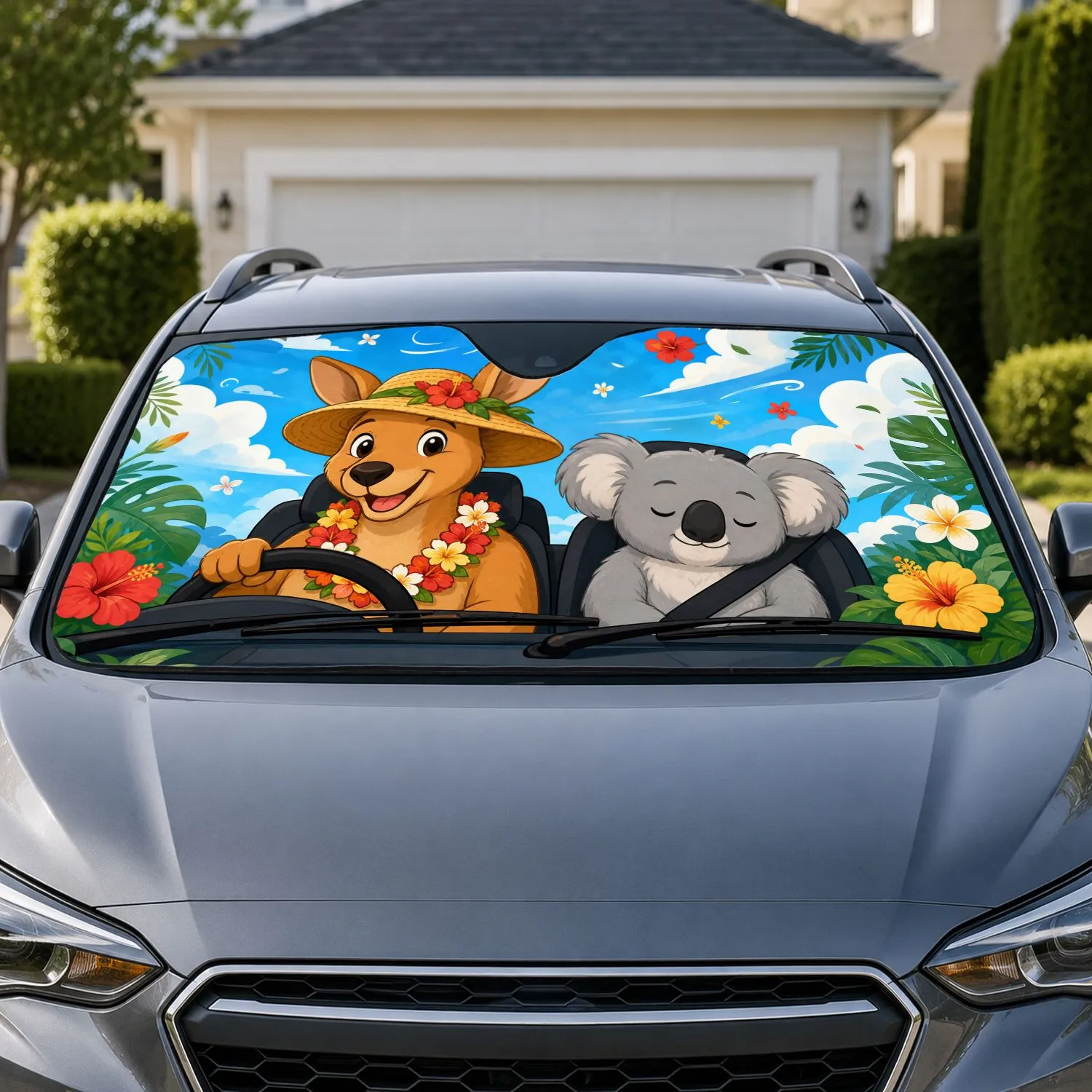 Kangaroo And Koala Tropical Road Trip UV Protection for Summer Travel Enthusiasts Car Sunshade - 1