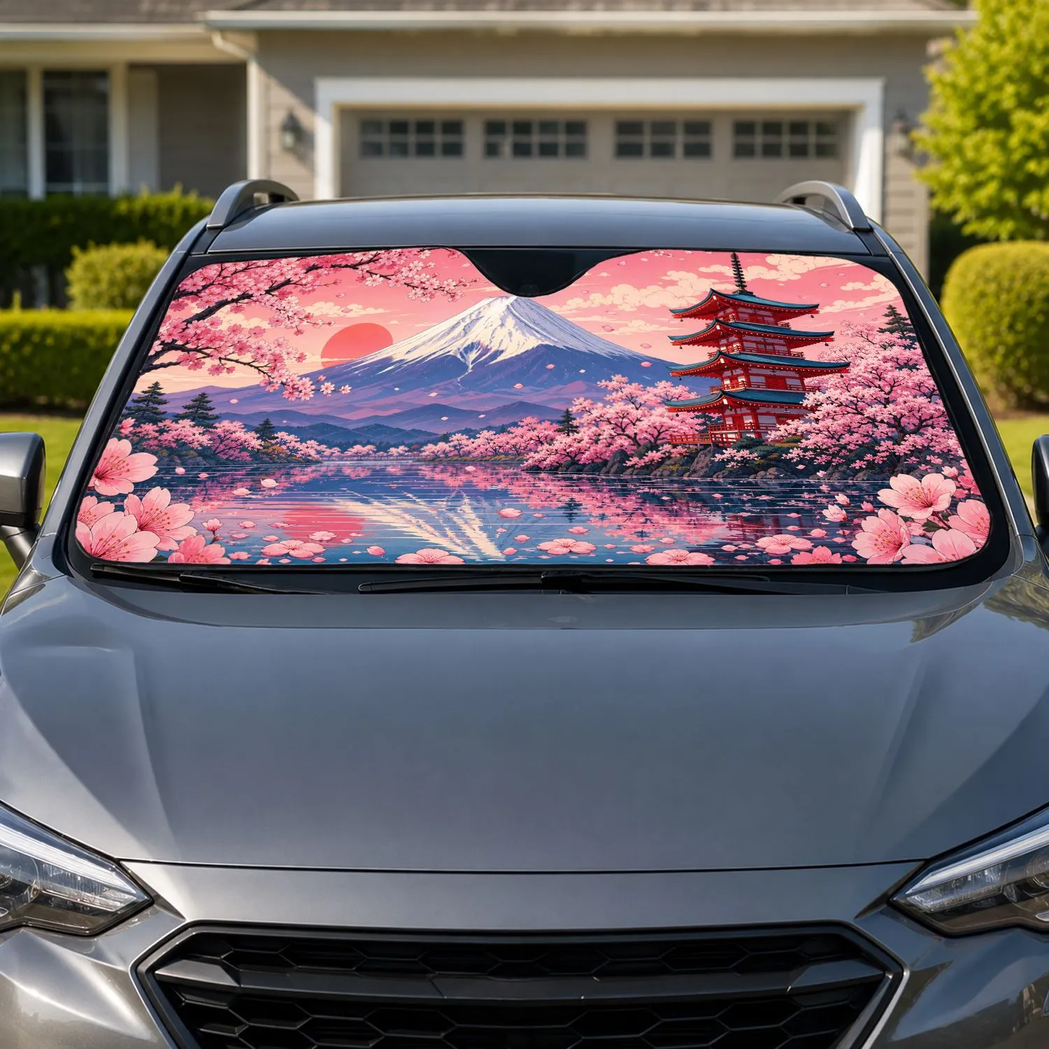 Mount Fuji Cherry Blossoms Pagoda UV Protection For Japanese Culture Road Trip Lovers Car Sunshade - 1