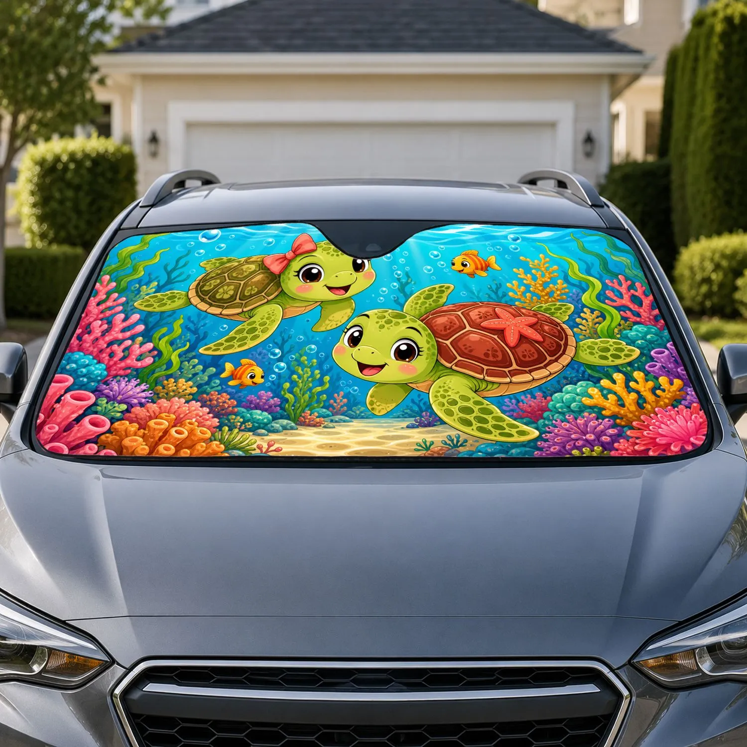 Cute Sea Turtles Tropical Coral Reef Ocean Decor for Kids Beach Lovers Summer Road Trips Car Sunshade - 1